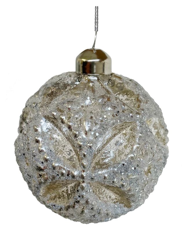 Glass floral ball antique silver sugared 8 cm