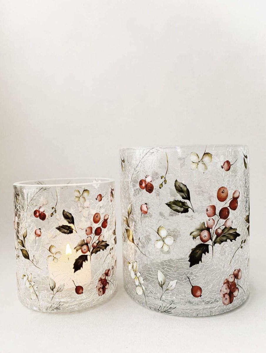 Lysglass krakelert 9x10 cm, røde bær